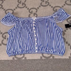 Ardene Blue & White Striped Off-Shoulder Crop Top